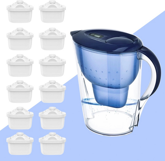 淨水壺 濾水壺 3.5L 大容量過濾水壺 家用活性炭濾水器, 藍色壺+12個濾芯