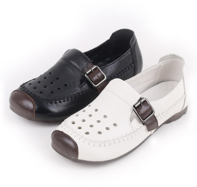 드로이 여성 가죽 슬립온 신발 펀칭 단화 로퍼 뮬 발편한 숙녀화 캐주얼화 여자 슈즈