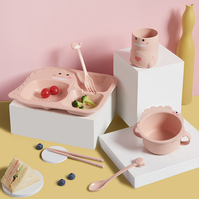유아 공룡 종합 식기 식판 밀소재 미끄럼 방지 선물 세트, 1세트, 식판+볼+컵+숟가락+젓가락+포크, 핑크