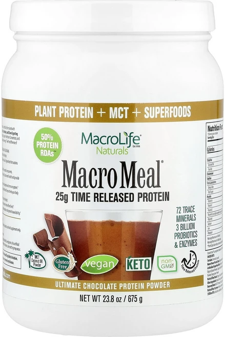 Macrolife Naturals Macro Meal® Ultimate Protein Powder Chocolate 23.8 oz 675 g, Macrolife Naturals, Macro Meal, 675g, 1개 - 쿠팡