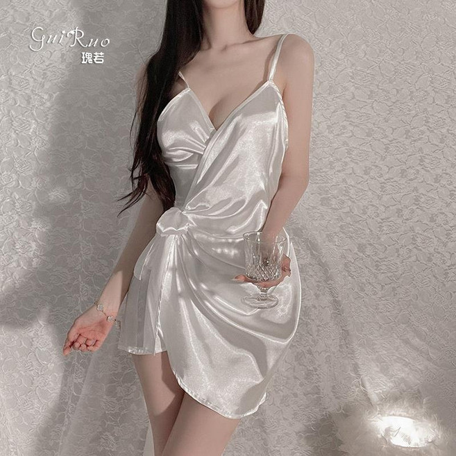 60-150KG可穿 特大碼冰絲睡裙 情趣 爆乳 寬鬆 薄款 性感 吊帶連身裙 綁帶睡裙 家居服 睡裙 大尺碼冰絲吊帶裙, 白色,M[60KG]