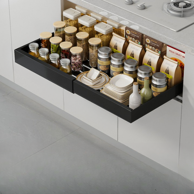 고급형 무타공 길이조절 슬라이딩선반 싱크대 정리 주방 선반 고정레일3개/선반들림방지 부품 포함/3가지 색상/4가지 사이즈, 1개, 블랙