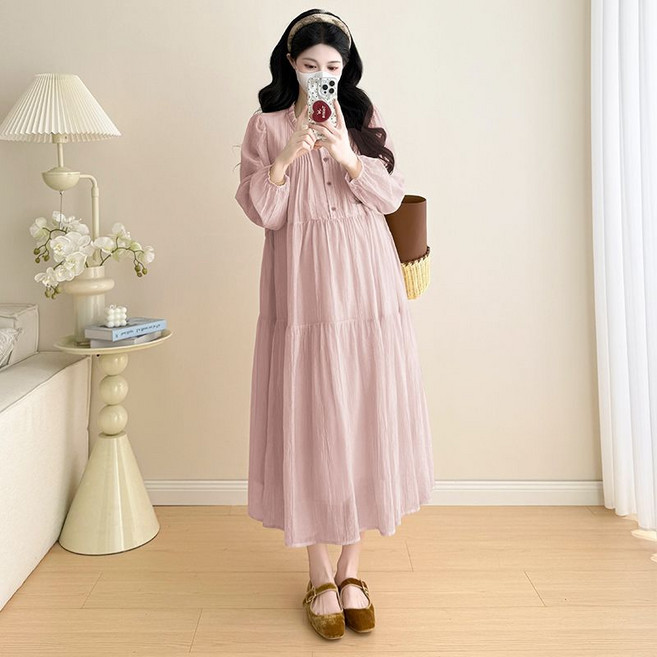 봄 가을 임산부 원피스 프렌치 임산부 외출복 긴팔 주름 원피스 패션 임부복 하객룩 롱원피스 LQZ