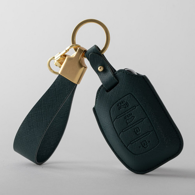 [각인무료]현대 호환 캐스퍼 아이오닉 LF쏘나타 아반떼 AD MD 뉴투싼IX 올뉴투싼 뉴라이즈 신형i40 호환 스마트키 가죽케이스 키링 키홀더, 현대B타입(각인가능), 비스트로그린(금속 골드)