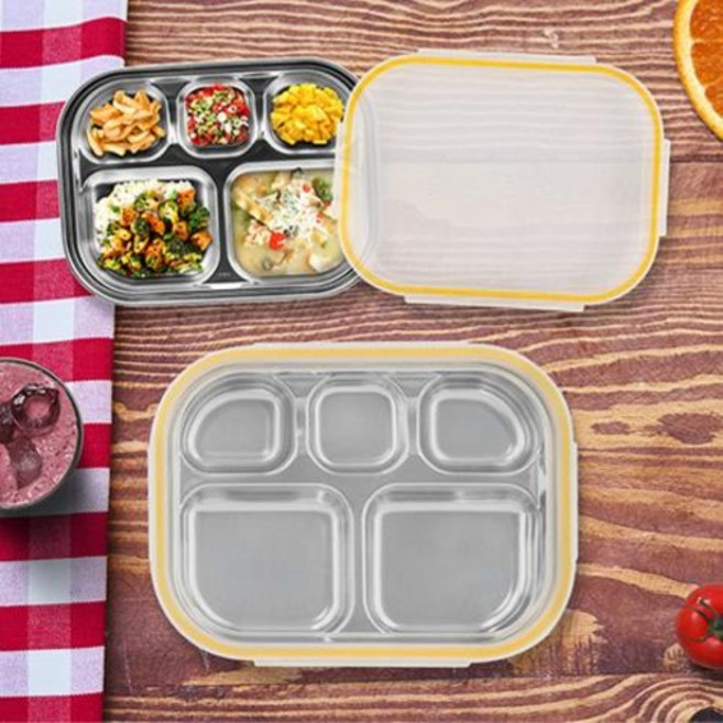 키친유 국산 스텐 3찬 뚜껑 식판 도시락 어린이 유아 성인 다이어트 직장인 도시락통 5구 급식 배식판, 1개