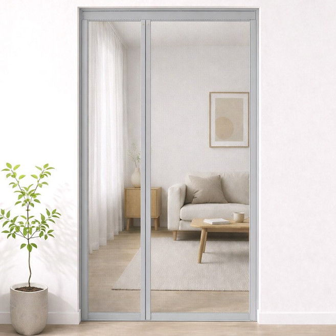 ROYAI ONE 안 찢어지는 일체형 통자석 현관 방충망 비대칭 현관문 모기장 미세 방충망, 회색