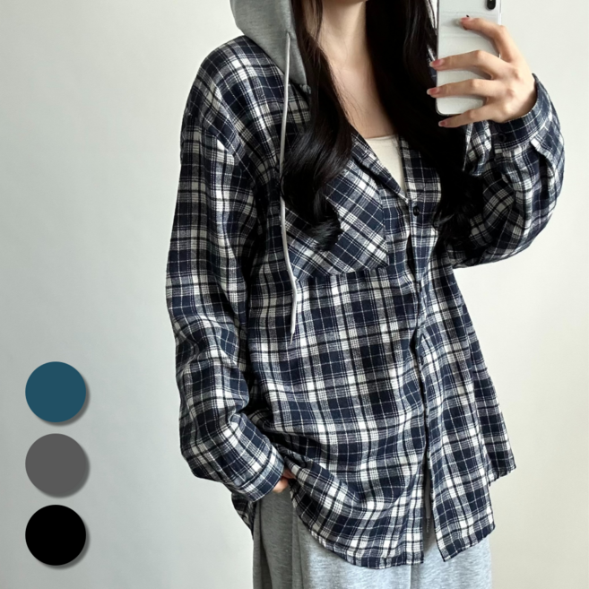 핏몬 여성 후드 오버핏 체크 박스 롱 셔츠 남방
