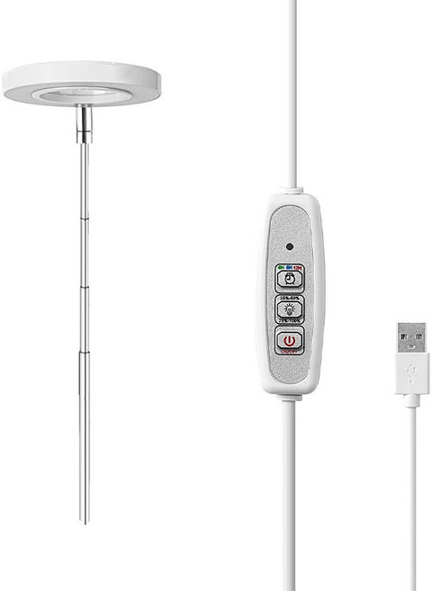 白色全光譜植物生長燈 USB定時調光 三色模式 可伸縮高度 適用室內盆栽, 1個, 【白色】暖白光植物燈