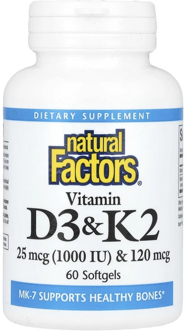 Natural Factors 비타민D3 & K2 25mcg(1000IU) & 120mcg 소프트젤 60정, NaturalFactors비타민D3K225mcg1000, 1개 - 쿠팡