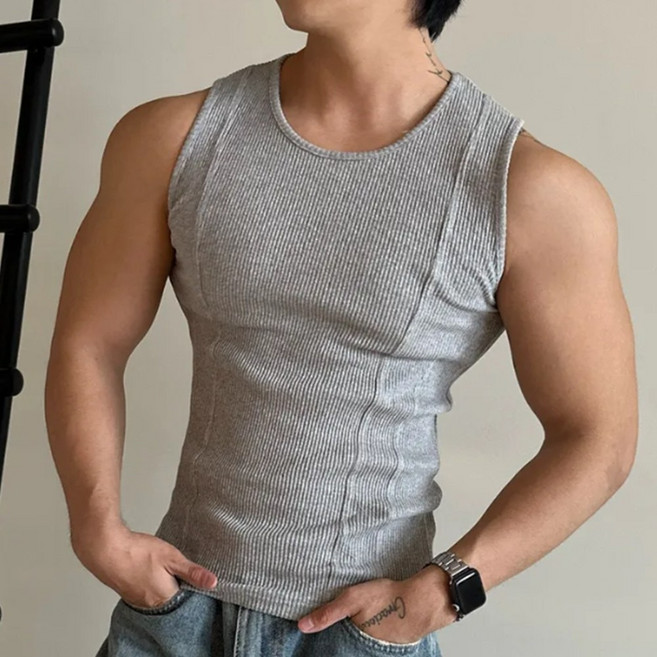 고즈웰컴퍼니 칠가이 두꺼운 머슬핏 스판 두줄 골지 나시 짐웨어 민소매