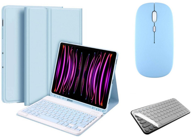 아이패드 호환 에어 프로 미니 1/2/3/4/5/6/7/8/9/10 세대 M2 M4 펜슬 수납 블루투스 키보드 케이스 무선 마우스 세트 iPad Pro Air Mini 케이스나라, 스카이