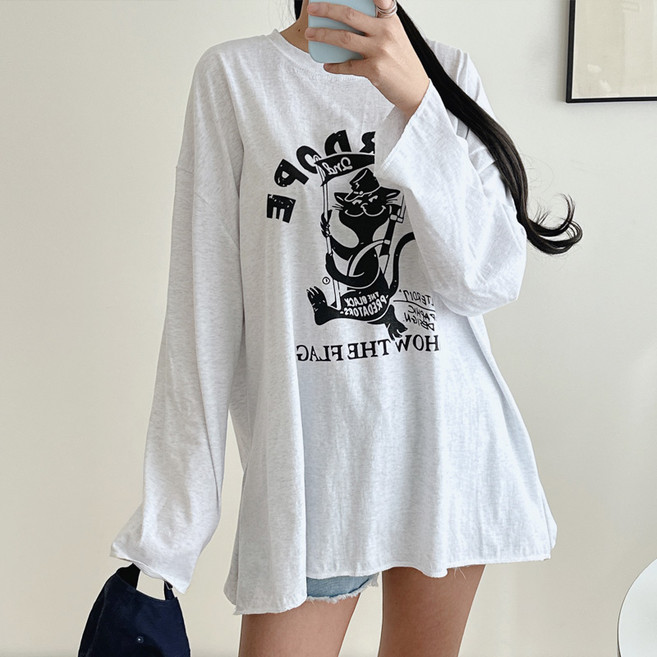 더매드문 여성용 통기성 오버캣 루즈핏 트임 긴팔 티셔츠