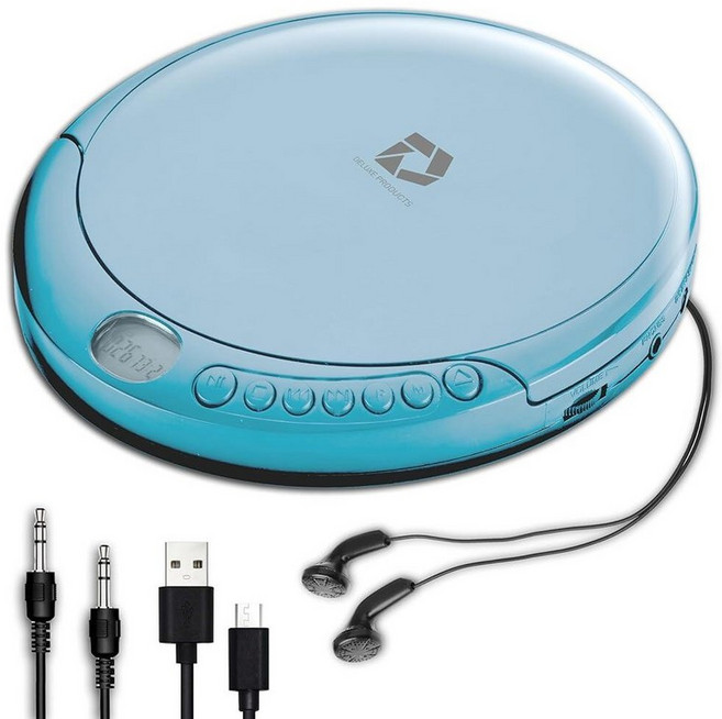 Deluxe Products CD 플레이어 휴대용 60초 건너뛰기 방지 스테레오 이어버드 가정 또는 자동차에서 사용할 수 있는 Aux 케이블 및 AC USB 전원 포함 17, 블루_CD