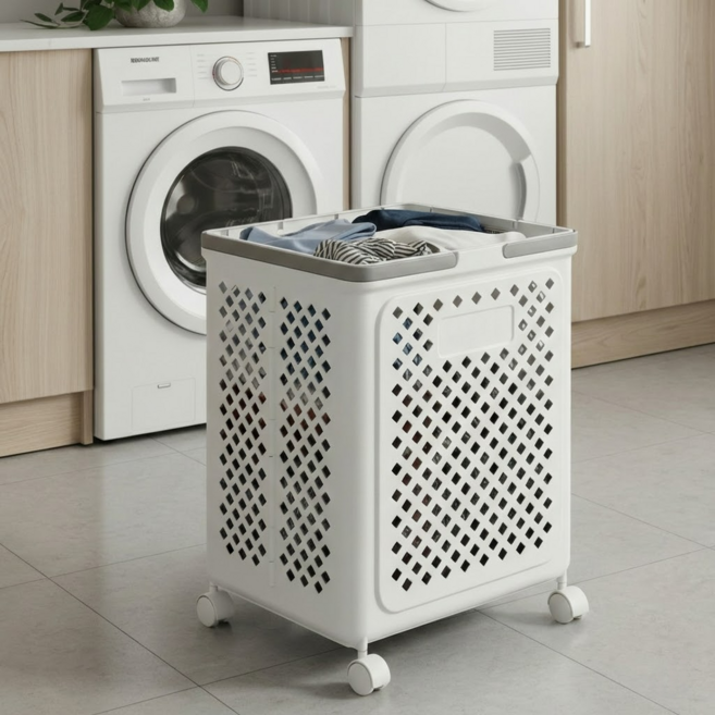 타니아홈 이동식 접이식 빨래 바구니, 화이트, 1개