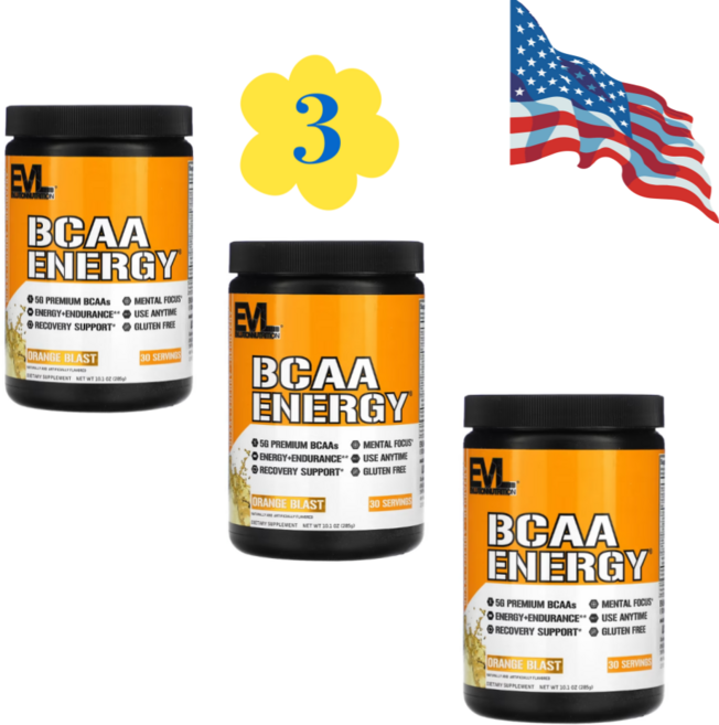 EVLution Nutrition BCAA 에너지 오렌지 블라스트 2+1 미국정품, 285g, 3개