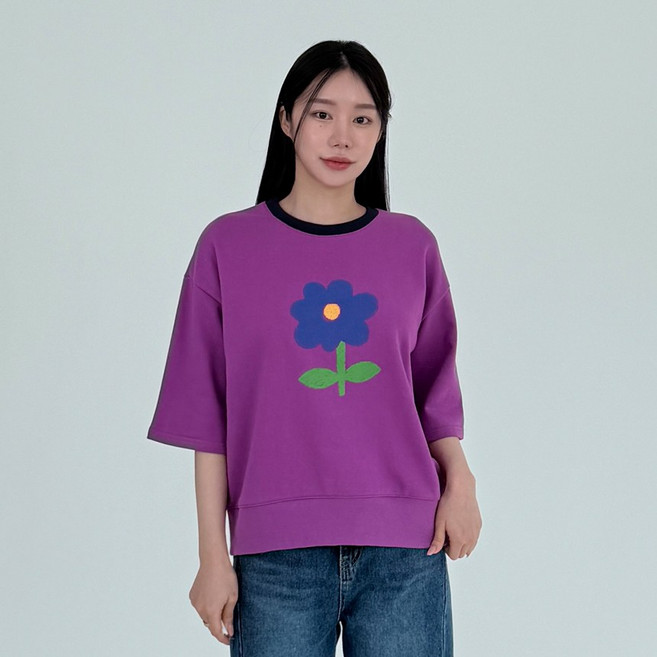 한송이 루즈핏 캐쥬얼 넥라인 배색 라운드 7부 반팔 티셔츠