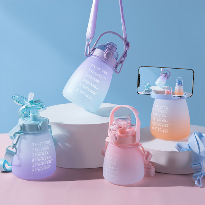 더블 음료 점차 커지다 배 컵 누출 방지 내낙 뚱뚱하다 주전자 벨트 브래킷 휴대용 남녀 물컵 선물, 그라데이션 믹스, 1000ml, 1개