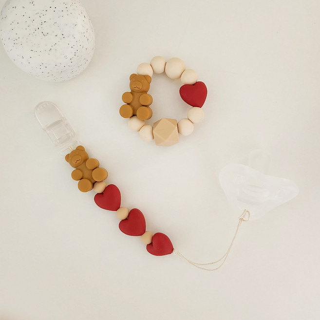 달콩심장 베어 실리콘 쪽쪽이 클립 스트랩 치발기 홀더 출산선물, 체리모카베어, 1개