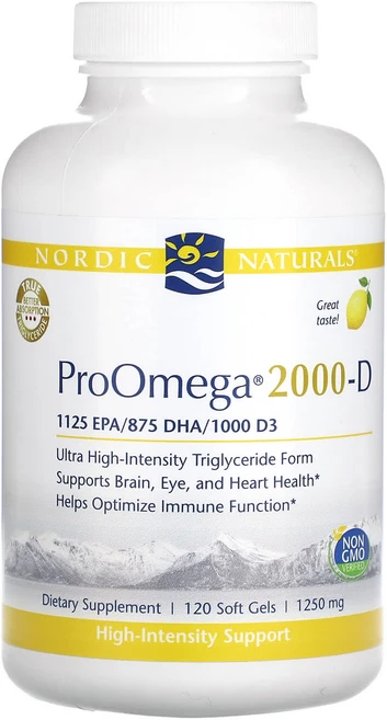 Nordic Naturals ProOmega 2000-D 레몬 1250mg 소프트젤 120정(소프트젤당 625mg), NordicNaturalsProOmega2000D레몬1, 1개, 120정 - 쿠팡
