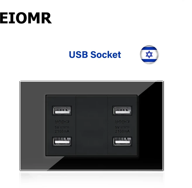 EIOMR 이스라엘 USB 타입 C 고속 충전 벽 소켓 11875mm 블랙 강화 유리 위성 TV 도어벨 기계식 조명 스위치, 13 4 USB