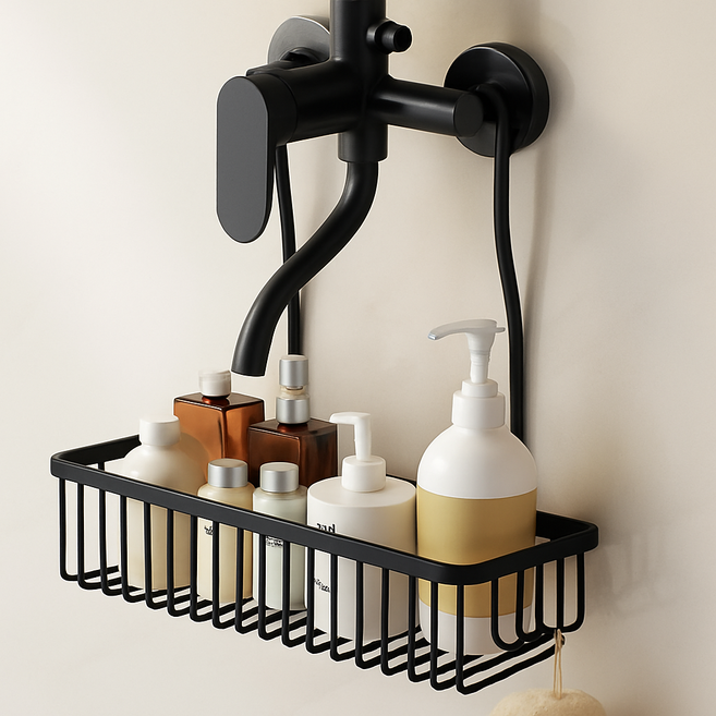 난네난네 욕실 대형 샴푸정리 녹슬지않는 수납랙 벽걸이형 정리대, 블랙, 1개