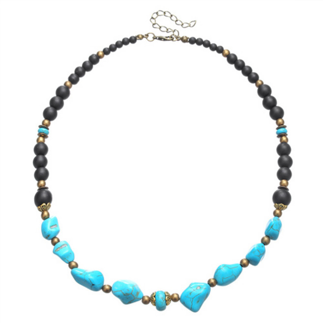 티큐 남녀공용 빈티지 터키석 원석 비즈 레이어드 목걸이 A2278