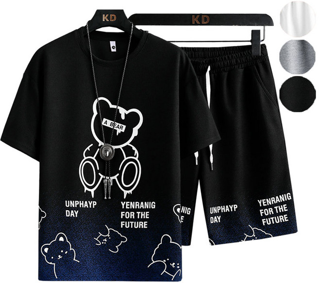 Sevenmoon여름 반팔 세트 남 곰돌이 프린트 트레이닝 투피스