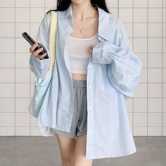 바이누아 제스티 스트라이프 오버핏 셔츠 여성 긴팔 남방