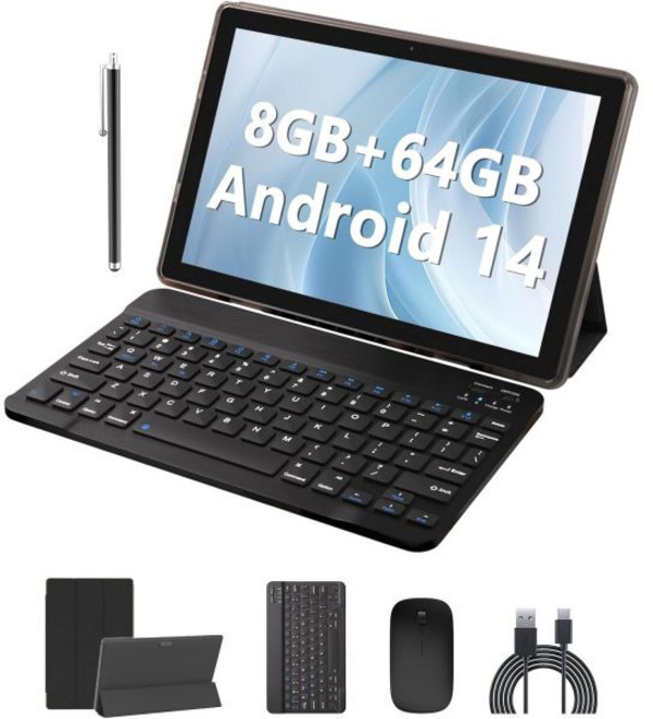 안드로이드 태블릿 업무용 테블릿pc 학습용 Android 14 10인치 키보드/마우스/케이스/스타일러스 포함 2개 8GB RAM 64GB ROM/1TB 확장 태블릿 1.8, Black