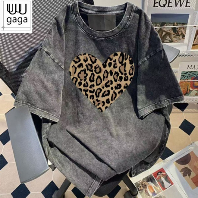 유유가가 아메리칸 레트로 워싱 빈티지 하트 프린팅 호피무늬 반팔 티셔츠