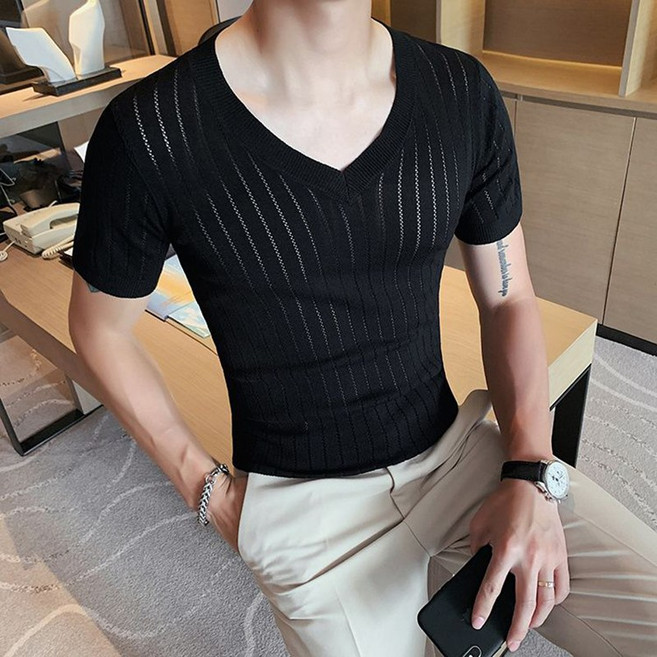 남성 니트 반팔 티셔츠 봄 여름 캐주얼 트렌드 이너 반팔티 남자 패션 슬림핏 브이넥 냉장고 니트 상의 WMY