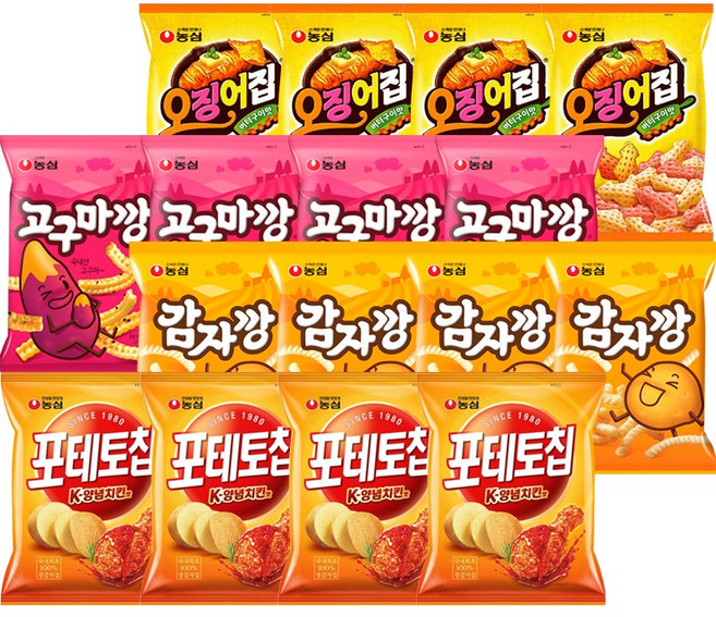 농심 포테토칩양념치킨맛4+감자깡4+고구마깡4+오징어집4, 16개, 50g