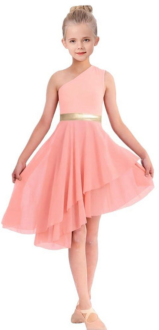 ORIDOOR Oblique Shoulder Praise Dance Costume for Girls Metal Irregular Worship Ceremony Lyrical, 9~10세, 02-orange-pink