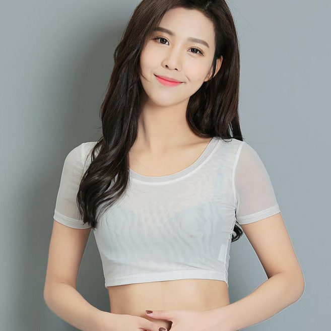 短款網紗打底衫 圓領紗衣 半截修身內搭 薄t恤女