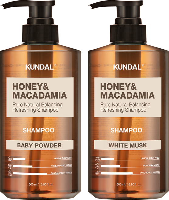 쿤달 허니 앤 마카다미아 네이처 퍼퓸 샴푸 베이비파우더향+화이트머스크향, 2개, 500ml