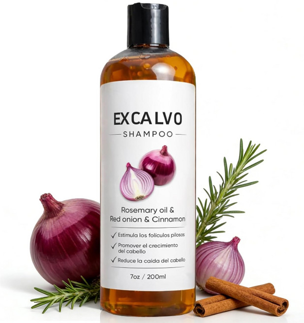 Excalvo Shampoo- 양파 샴푸 모발 성장 촉진 남녀 공용 로즈마리 오일 붉은 양파 계피, 1개, 200ml