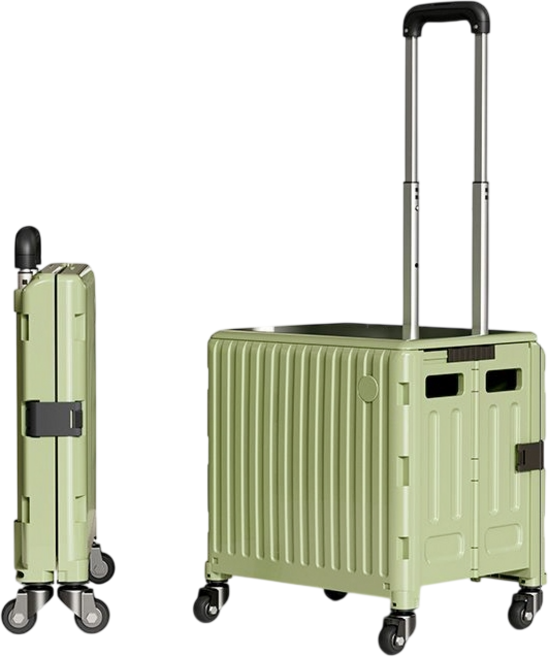 四輪摺疊購物推車 75L 靜音萬向輪 露營收納推車, 【45L】平拉 萬向輪 無煞車 茶綠, 1層