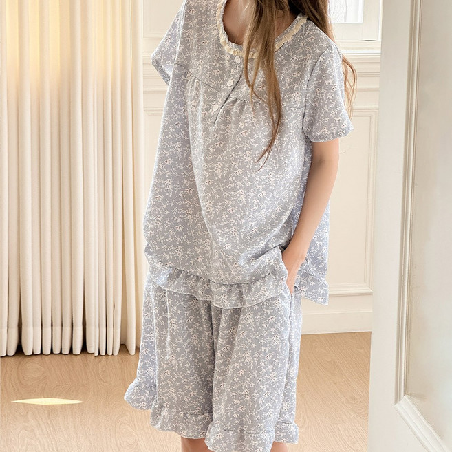 마리끄 여성 라운드 플라워 꽃무늬 여름 반팔 잠옷