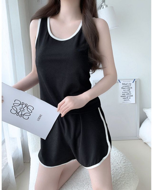 女士夏季帶胸墊簡約兩件式家居服套裝