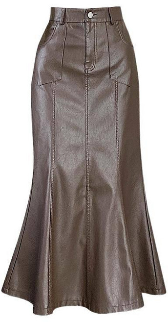 COSYEVNO 봄가을 여성 롱 스커트 빈티지 하이웨스트 순색의 가죽 A라인 치마