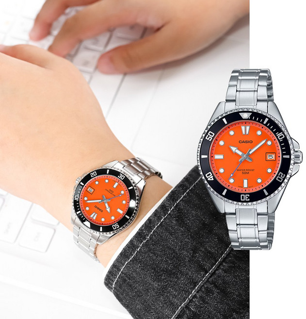 백화점AS가능 카시오 NEW 미니 흑새치 오렌지 36mm 메탈시계 MDV-10D-4A1 지코스모 제품