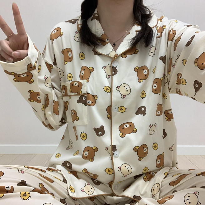 [누빔버전추가] 귀여운 리락쿠마 곰돌이 면 카라 포켓 오픈 단추 주머니 긴팔 긴바지 잠옷 세트 파자마 홈웨어 간절기 사계절