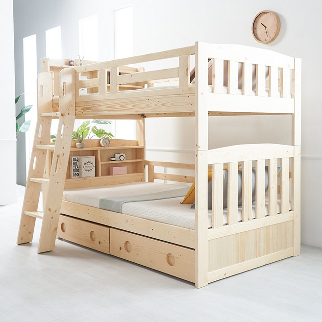 [에보니아] 하이틴 원목 이층침대 (슈퍼싱글/분리형), 4_서랍형_메모리폼매트포함_내추럴