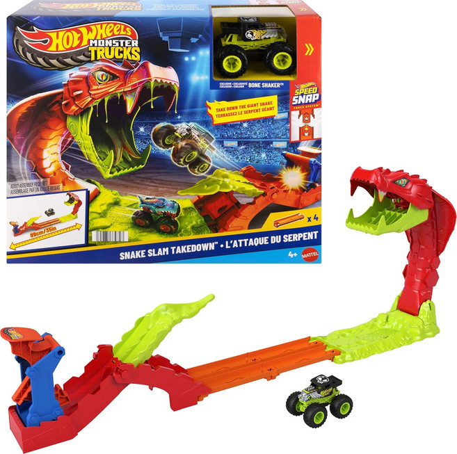 Hot Wheels Monster Trucks 장난감 놀이 세트 스네이크 슬램 테이크다운 트랙 독점 1:64 스케일 본 쉐이커 차량 포함 129388