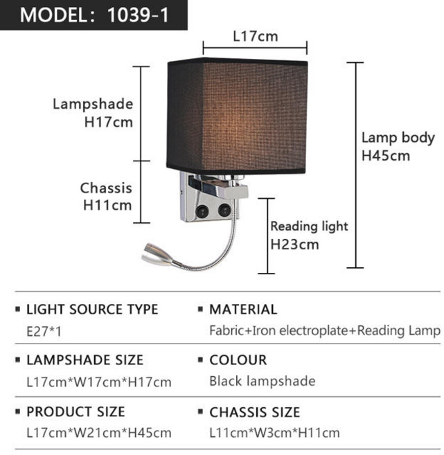 스위치가 있는 모던 LED 벽 램프 USB 독서 조명 원단 아트 레트로 홈 침실 호텔 옆, [05] Black-1039-2-USB, 1