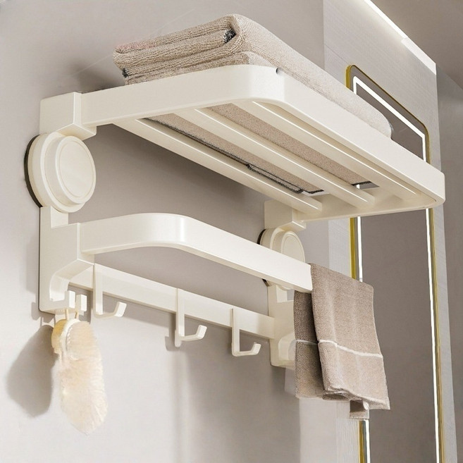 YAPOGI 설치 접이식 타월 랙 2단 스테인리스 욕실선반 샤워타올 수건걸이 무타공 수건건조대, 화이트, 40CM