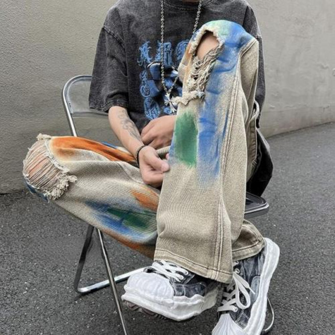 남성용 스트레치 펑크 청바지 오토바이 스트레이트 레트로 남자 카우보이 바지 루즈 워싱 빈티지 타이 다이 오리지널