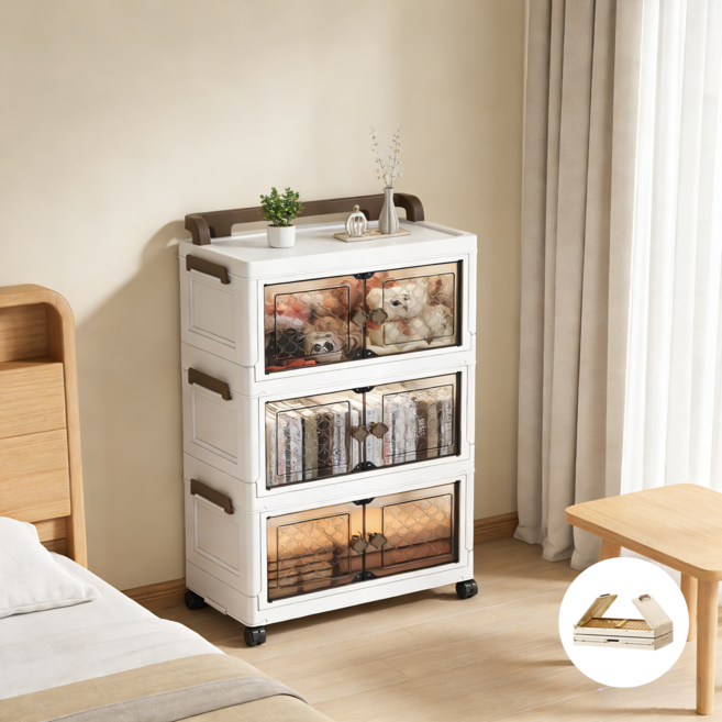 Tixpra 수납장 조립 필요 없음 접이식 다용도 수납장 양문 이동식 폴딩 정리함 폴딩박스, 삼층