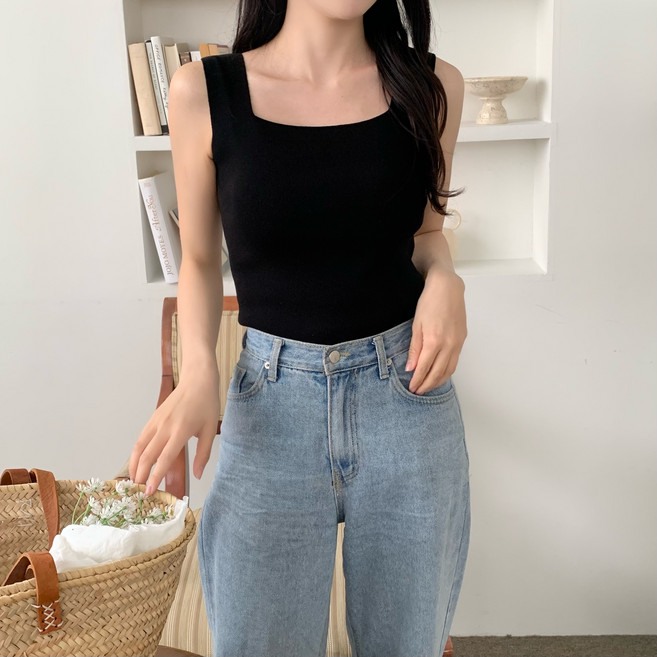 (국내생산)씨엘로 앞뒤착용 여성나시스퀘어넥브이넥민소매 베이직쿨니트나시부유방커버