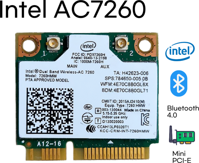 인텔 AC7260 Mini PCI-E 듀얼밴드 WiFi 2.4G BT 4.0 하프미니, 1개